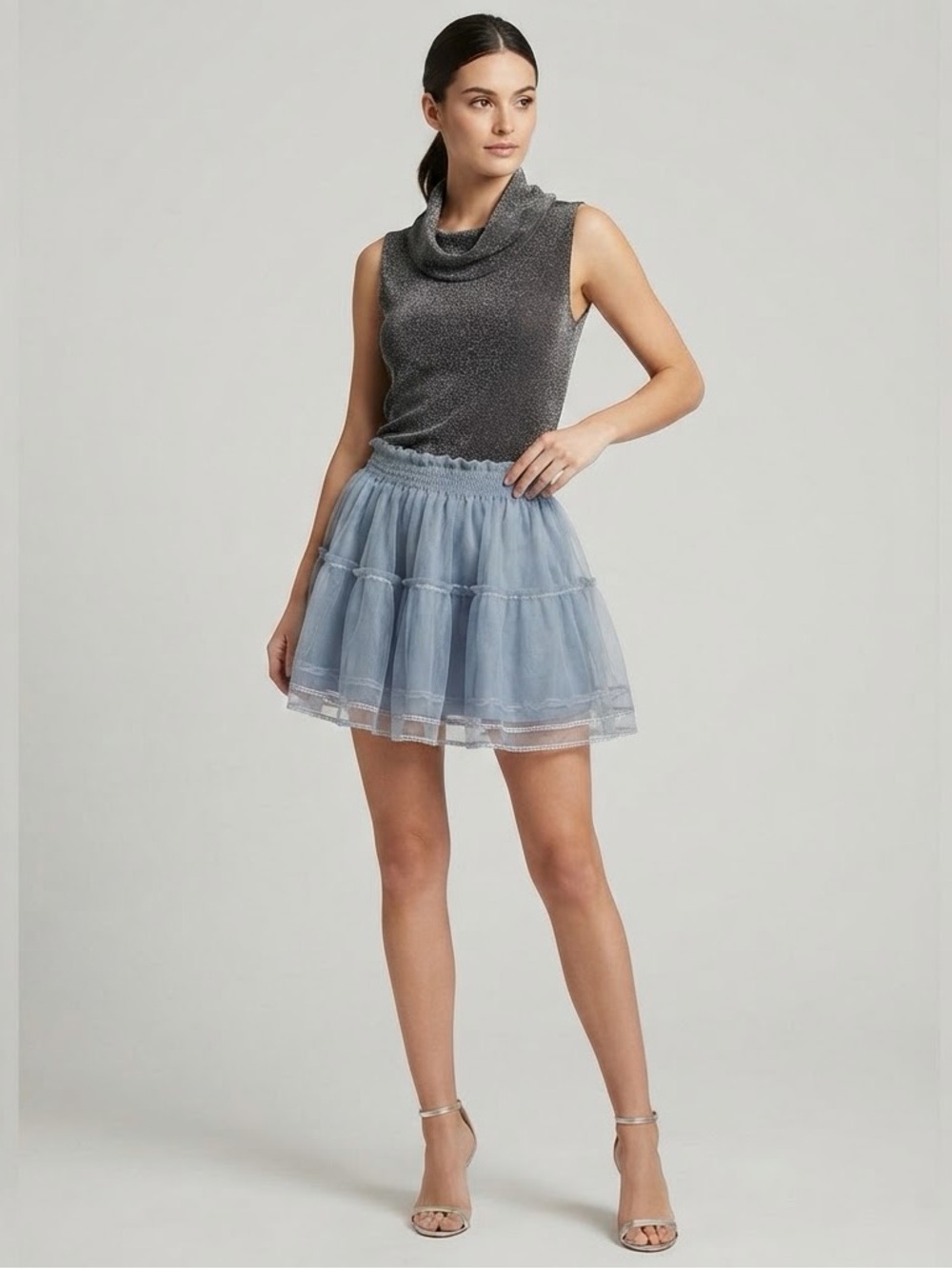 Tularosa Blue Sheer Tulle Tiered Mini Skirt Smocked Waist Size M Coquette Ballet
